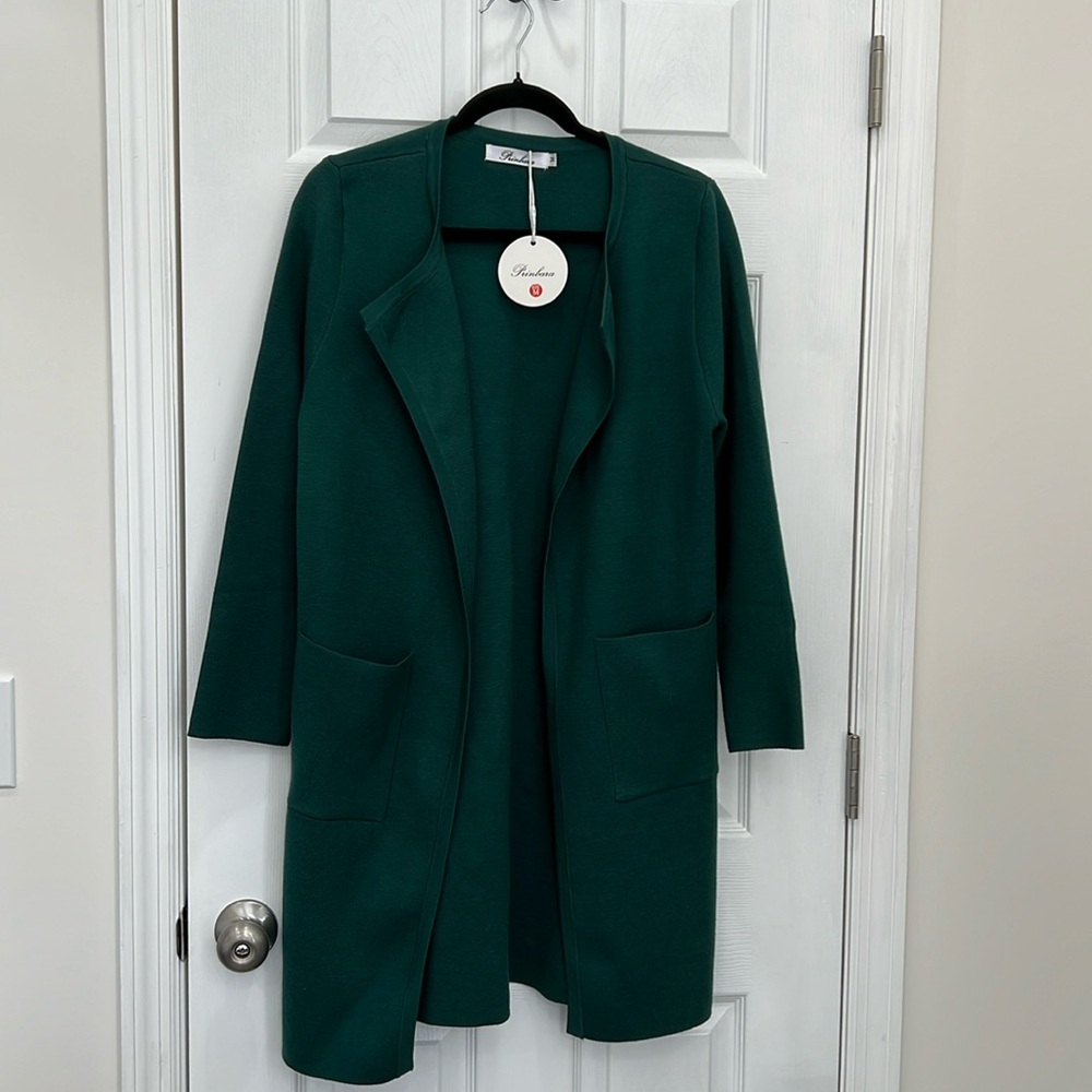 PRINBARA dark green open cardigan. Women’s sz med